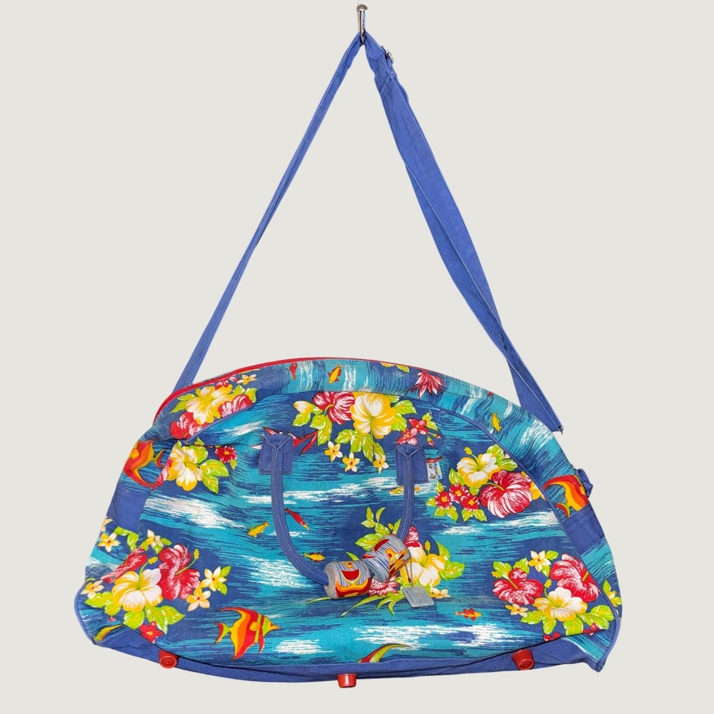 Coastal Vintage Sun n Sand Tropical Hibiscus Fish Canvas Duffle Bag Weekender